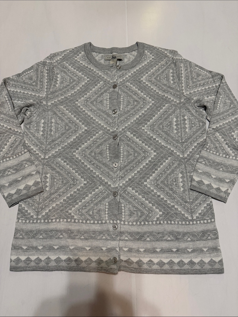Bass Grey and White Geometric Knit Cardigan M